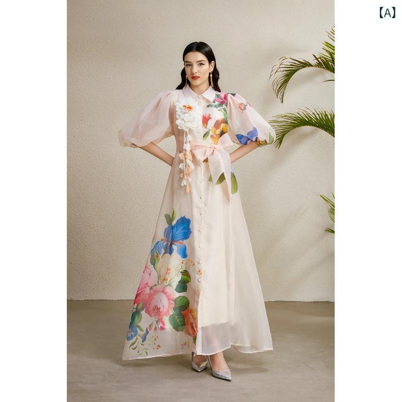衣裳 レディース 御召しもの ロング丈 パフ衣袂 花柄 シフォン 透け感 ティアード うつり変わり 御機嫌酉の方角 シュロの葉 体型取りまかなう お出かけ 寄り合い 御芽出度 二次会 交歓会 着脱飾り気のない