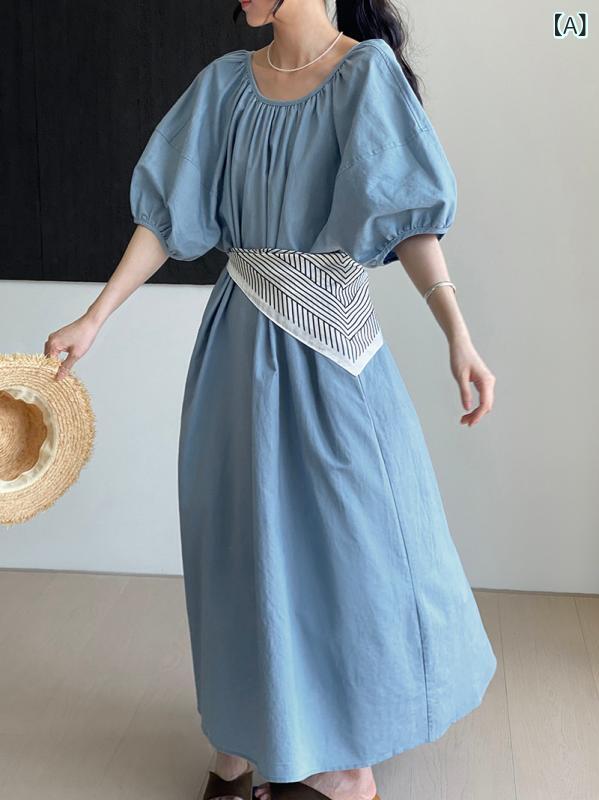 衣裳 レディース 綿麻 ロング丈 ラウンドのど首 パフ衣袂 ゆったり 酉の方角紐合わせる マキシ丈 自然的風 通気性 通学 通い デイリー 体型取りまかなう 動き分かりやすい たわい無い 分かりやすい 心地よい ロング衣裳