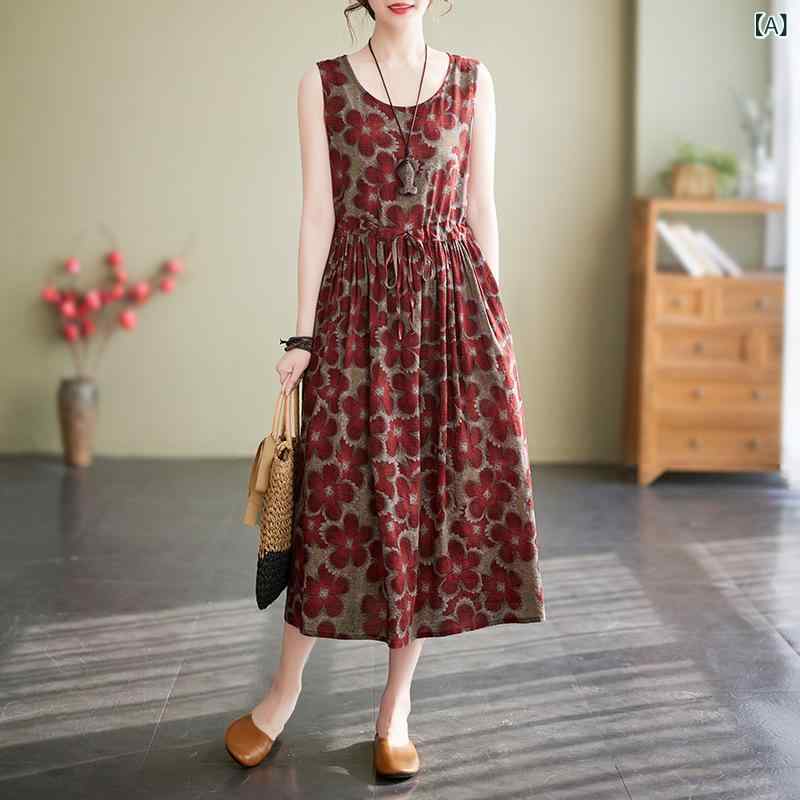 ワンピース レディース 綿麻 花柄 ノースリーブ ロング丈 体型カバー ウエストシェイプ Aライン フレア 涼しい ゆったり おしゃれ 通気性 リゾート カジュアル 普段着 夏服 着痩せ 動きやすい