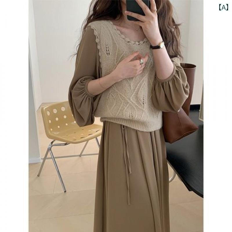 ワンピース レディース 長袖 ロング丈 マキシワンピース きれいめシルエット ゆったり 体型カバー 着痩せ お出かけ 通勤 オフィス 普段着 重ね着風 シンプル 無地 秋冬 大人かわいい
