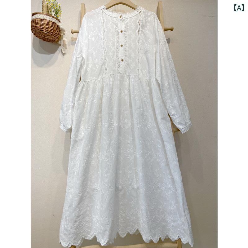 ワンピース レディース 長袖 ロング丈 刺・墸 透かし彫り コットン素材 レトロ 風 ゆったり 体型カバー Aライン マキシ丈 普段着 お出かけ 上品 動きやすい