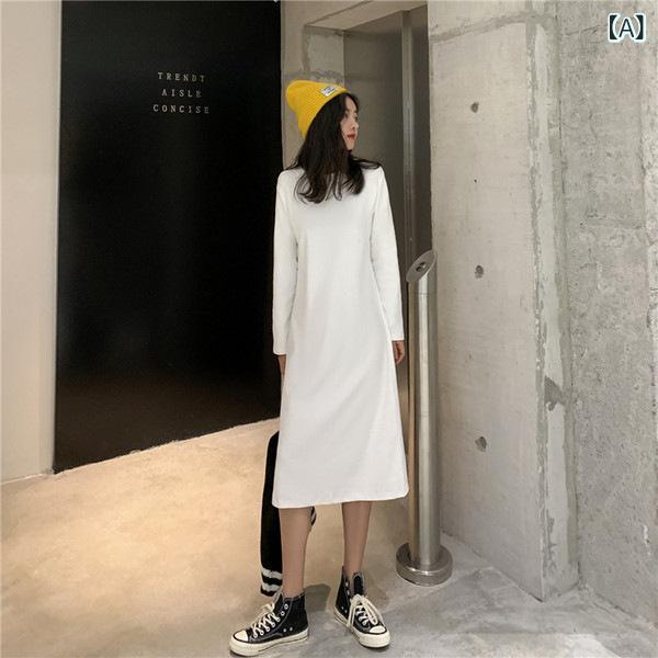 ワンピース レディース 長袖 ロング丈 ストレートシルエット コットン混 無地 シンプル ゆったり体型カバー 通勤 通学 春秋服 普段着 カジュアル おしゃれ 軽量 動きやすい