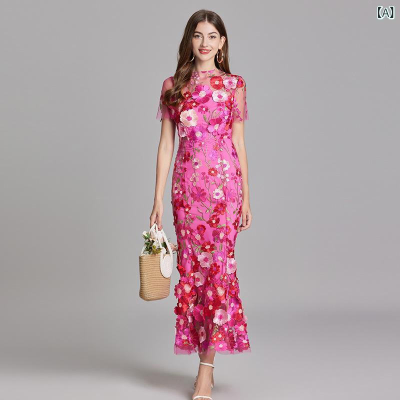 衣装 レディース 半袖 刺しゅう 立体花柄 填まる＆太陽フレア A生産ライン 膝丈 女子らしい 雅びやか 告げ知らせる会 御芽出度 二次会 召し上がる会 お呼ばれ 着痩せ成り行き人並み外れた 影ぼうしが素晴らしい 通気性好いたらしい 夏用 デイリー使い走り