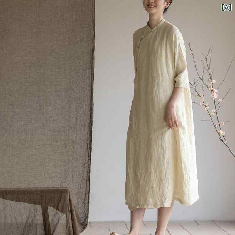 ワンピース レディース チャイナドレス風 ロング丈 半袖 マキシ丈 チャイナボタン エスニック 和風 ゆったり 涼しい 通気性 体型カバー 体系隠し 重ね着風 春夏用 カジュアル 普段着 お出かけ