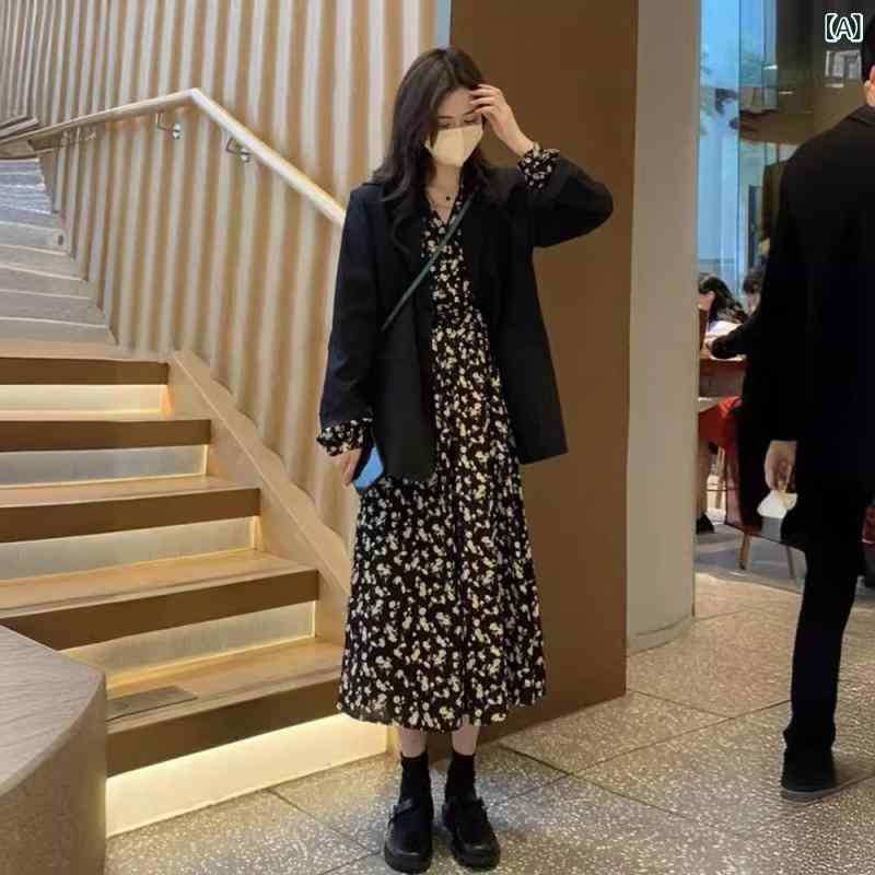ワンピース レディース 長袖 花柄 シフォン ロング丈 フレア ウエストマーク 春秋 パフスリーブ Vネック きれいめシルエット 体型カバー お出かけ デート ロングシーズン着回しやすい ロングワンピース