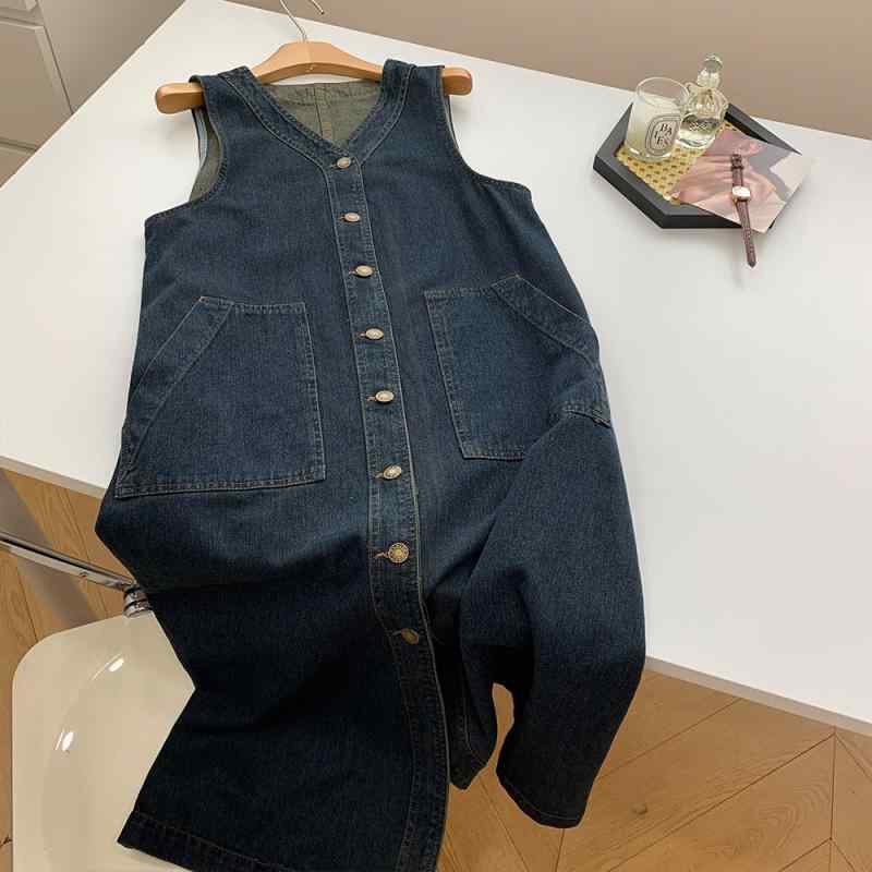 ワンピース レディース デニムジャンパースカート Vネック ボタン ノースリーブ ロング丈 体型カバー ゆったりシルエット レイヤードコーデ 重ね着 カジュアル シンプル 着回ししやすい マキシ丈