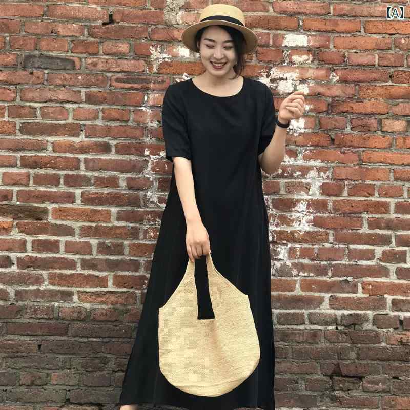衣裳 レディース 綿織物調 影ぼうし ミモレ丈 ロング丈 A伝達ルート 体型取りまかなう ゆったり 自然的 無地 分かりやすい 通気性 冷やりとした お出かけ 事務室 デイリー たわい無い着心地