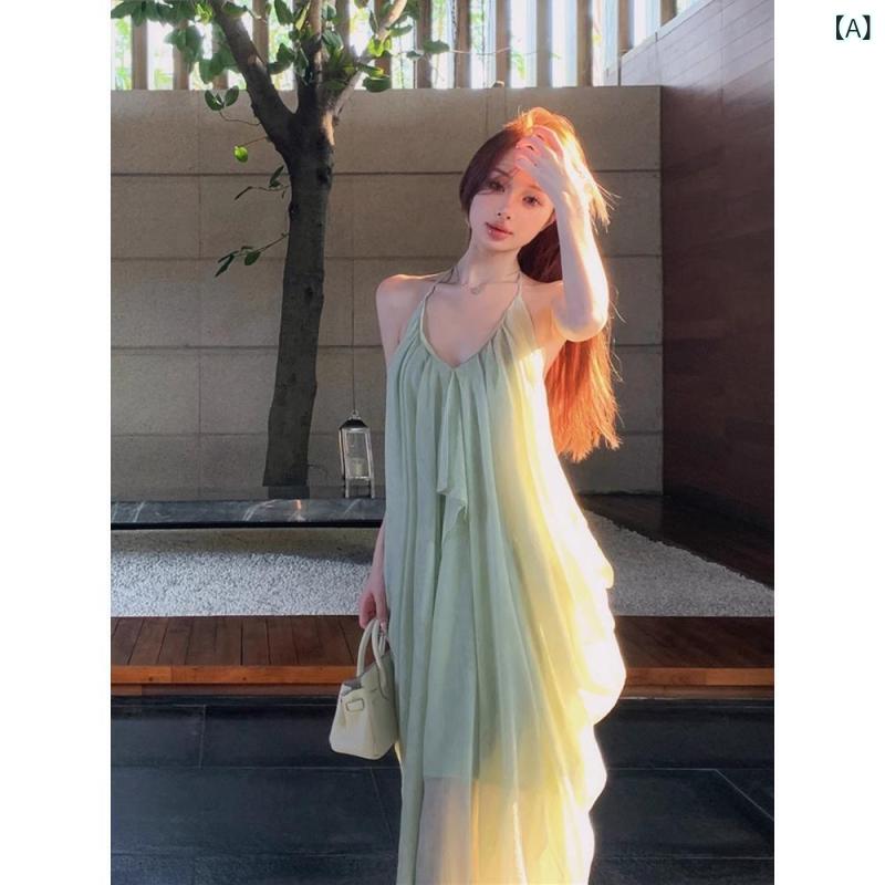 ワンピース レディース サマー ドレス ホルターネック バックオープン Aライン ロング丈 無地 ノースリーブ フレア ギャザー 夏 リゾート 旅行 お出かけ 体型カバー 動きやすい 華やか グリーン