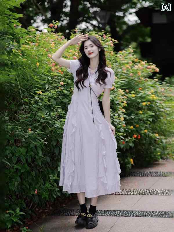 ワンピース レディース パフスリーブ パープル ロング丈 半袖 フレア Aライン 夏物 きれいめ 大人かわいい 通気性 ゆったりシルエット 二の腕カバー 体型カバー 涼しい お出かけ リゾート 休日コーデ