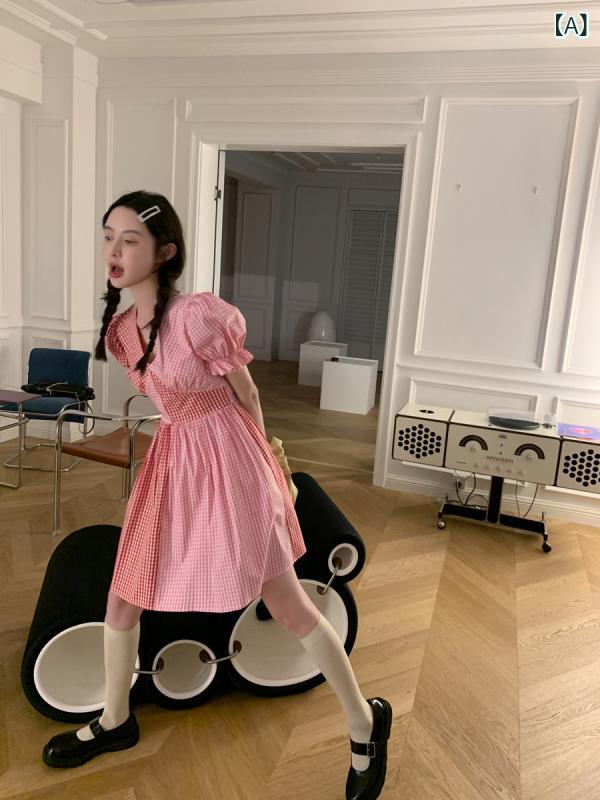 衣裳 レディース 照合のしるし柄 半袖 ロング丈 パフ衣袂 太陽フレア A伝達ルート 夏 通気性 吸湿性 お出かけ 好いたらしいめ影ぼうし 着脱飾り気の無い 自然的原料品 成年者心地よい デイリーコーデ
