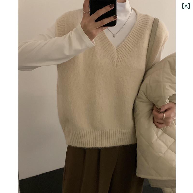 ニットベスト レディース Vネック ノースリーブ 重ね着 プルオーバー 秋冬 暖かい ゆったり 無地 シンプル カジュアル 体型カバー 着回ししやすい おしゃれ 通勤 通学 お出かけ