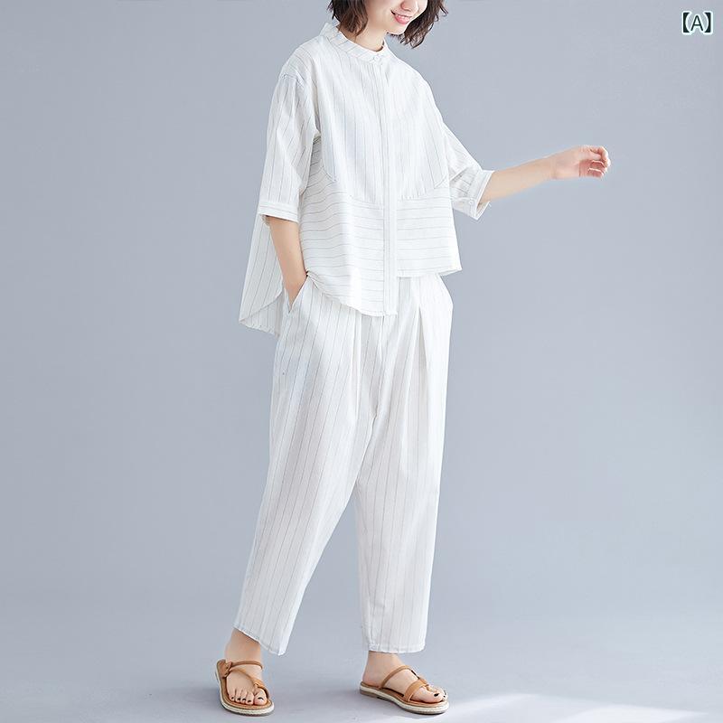 セットアップ レディース 上下セット コットン混 半袖 トップス ワイドパンツ ストライプ ゆったり カジュアル 通気性 体型カバー 動きやすい 部屋着 リラックスウェア 旅行 春夏
