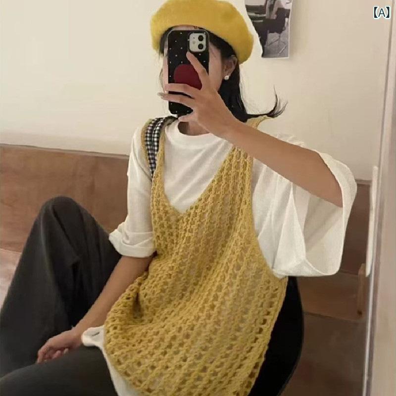 ニットベスト レディース ベスト サマーニット 透かし編み ノースリーブ Vネック レイヤード 重ね着 トップス 通気性 体型カバー カジュアル おしゃれ シンプル 着回し 春夏