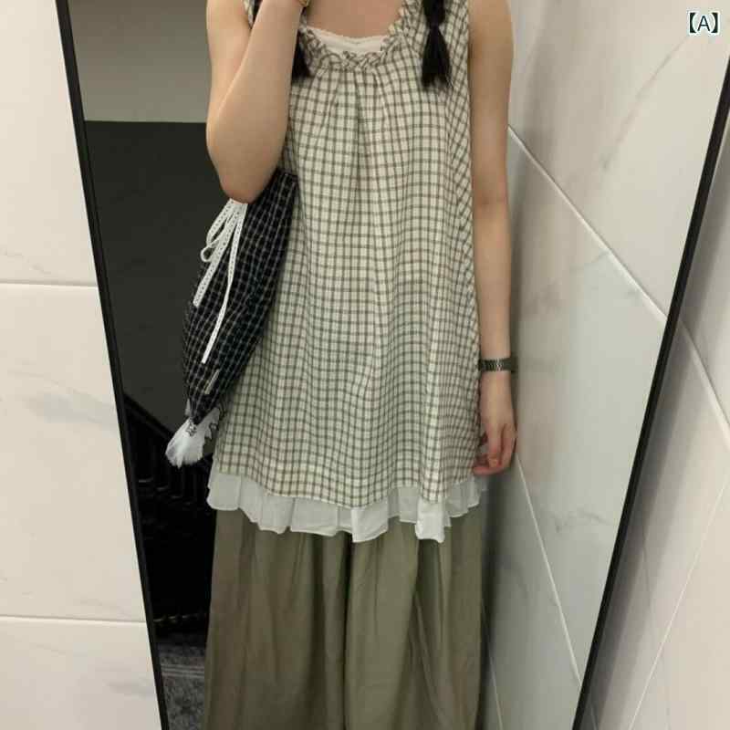セットアップ レディース 上下セット ノースリーブ ブラウス ワイドパンツ 格子柄 チェック柄 レトロ レイヤード風 クロップド丈 トップス ボトムス 春夏コーデ 涼しい 体型カバー リラックス感 ゆったり