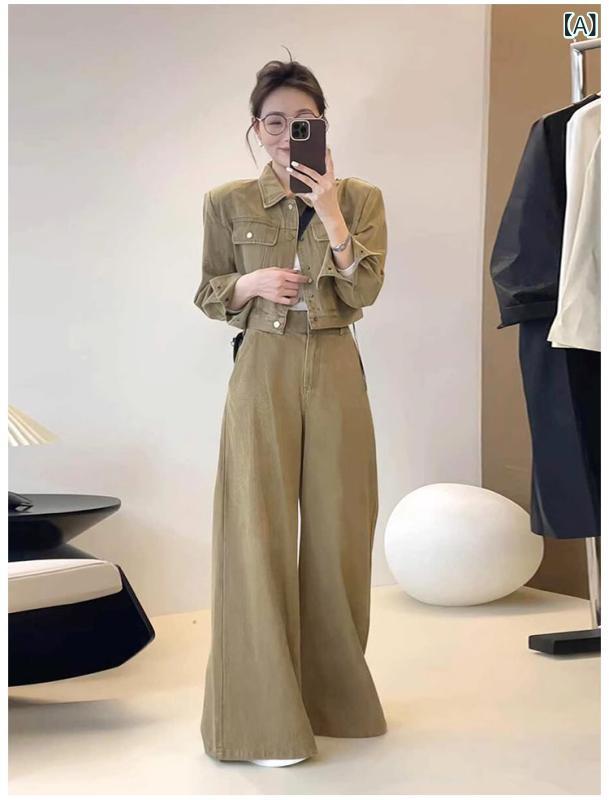 デニムセットアップ レディース ジャケット ワイドパンツ 上下セット ジージャン ロング丈 クロップド丈 ポケット付き ゆったりシルエット 体型カバー 着回し 動きやすい 春服 カジュアル 通勤 通学 デイリー
