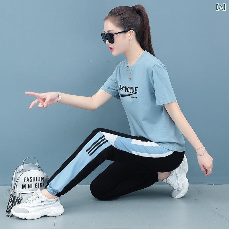 セットアップ レディース コットン素材 半袖Tシャツ 束脚パンツ 上下2点セット スポーツウェア 九分丈 無地 シンプル ルームウェア 運動着 ダンス衣装 部屋着 動きやすい
