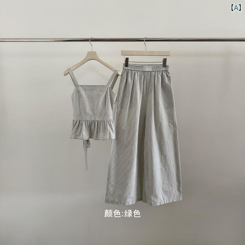 セットアップ レディース ノースリーブ 縞模様 広広としたズボン下 上下書き割り トップス ズボン下 心地よい 涼感原料品 夏服 たまり場 動き分かりやすい
