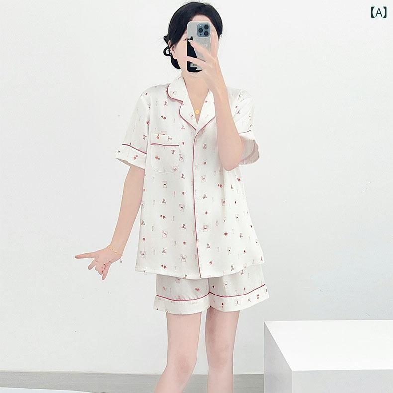 パジャマ レディース セットアップ 上下セット 半袖 ショートパンツ ルームウェア 通気性 涼しい サテン調 薄手 部屋着 春夏 快適 寝巻き かわいい キャラクター 総柄 ポケット付き 柔らかい