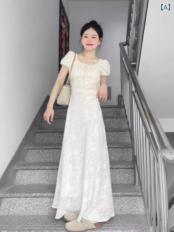 ワンピース レディース 半袖 ロング丈 Aラインワンピース 無地 フレアワンピース ウエストマーク 膝下丈 ミモレ丈 コットン混 涼しい 体型カバー 細見え 着痩せ お出かけ 通勤 オフィス シンプル 春夏