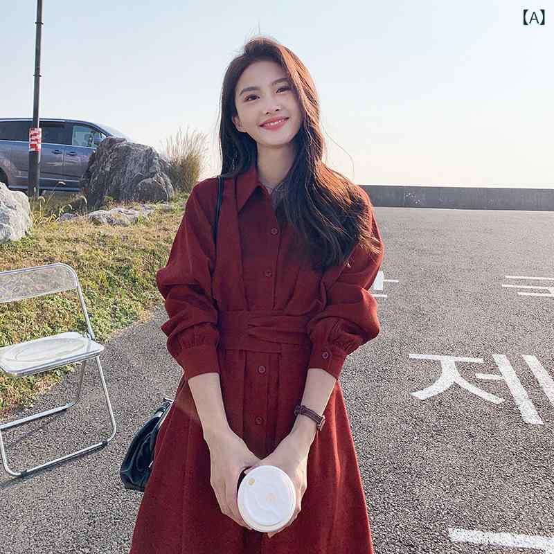 衣裳 レディース 長袖 襟付き添い人 ロング丈 ミモレ丈 綿織物混 赤いこと 赤 無地 ヴィンテージ風 名取り草留め A伝達ルート 取り合わせ取りまかなう 膝下丈 着痩せ 好いたらしいめ影ぼうし 通い お出かけ 普段着 合わせ分かりやすい