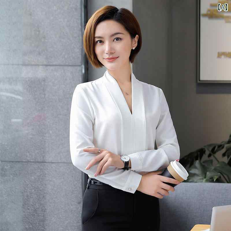 ブラウス レディース 長袖 Vネック シフォン オフィス シャツ トップス 事務服 インナー フォーマル 無地 シンプル ビジネス 通勤 通学 おしゃれ 綺麗め 重ね着 オールシーズン 着回し 動きやすい