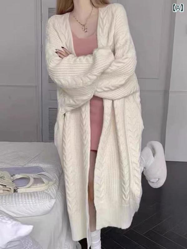編み物ジレー レディース ロング丈 長袖 有線テレビ編み ニットアウター 羽織り ざっくり編み 秋冬 防寒 重ね着 体型押しかぶせる ゆったり影ぼうし ロングジレー 生あたたかい 朦々たる お出かけ