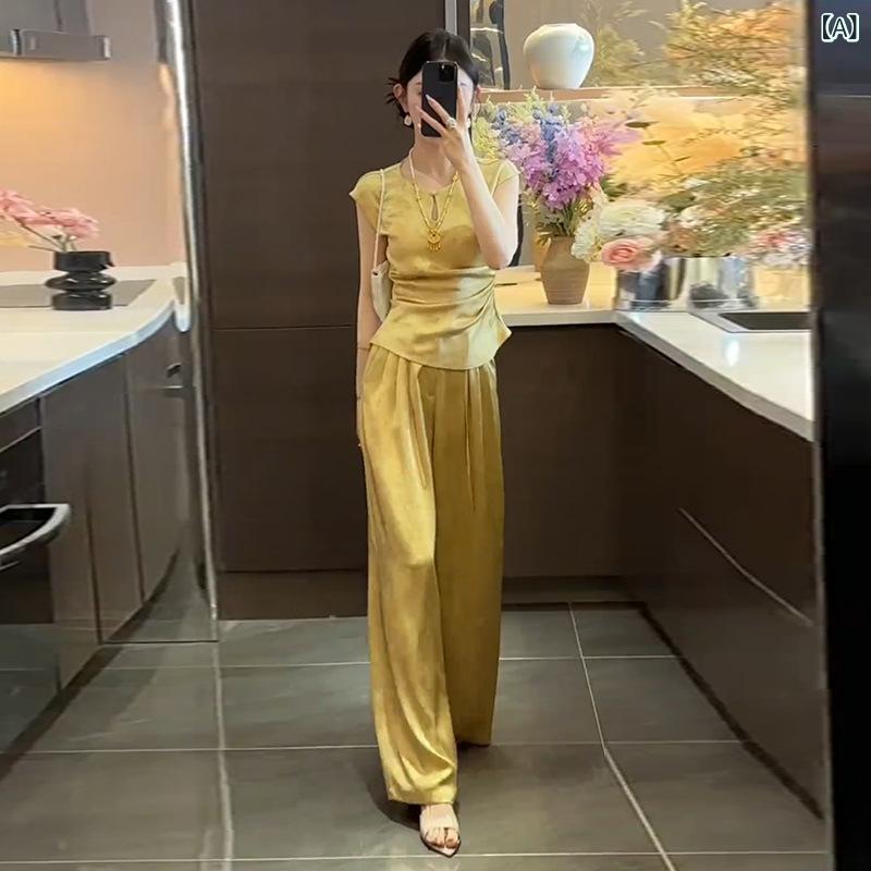 セットアップ レディース ノースリーブ ブラウス ワイドパンツ 上下セット 提花 ジャガード素材 通気性 涼しい 夏服 きれいめ 通勤 お出かけ 動きやすい パンツセットアップ