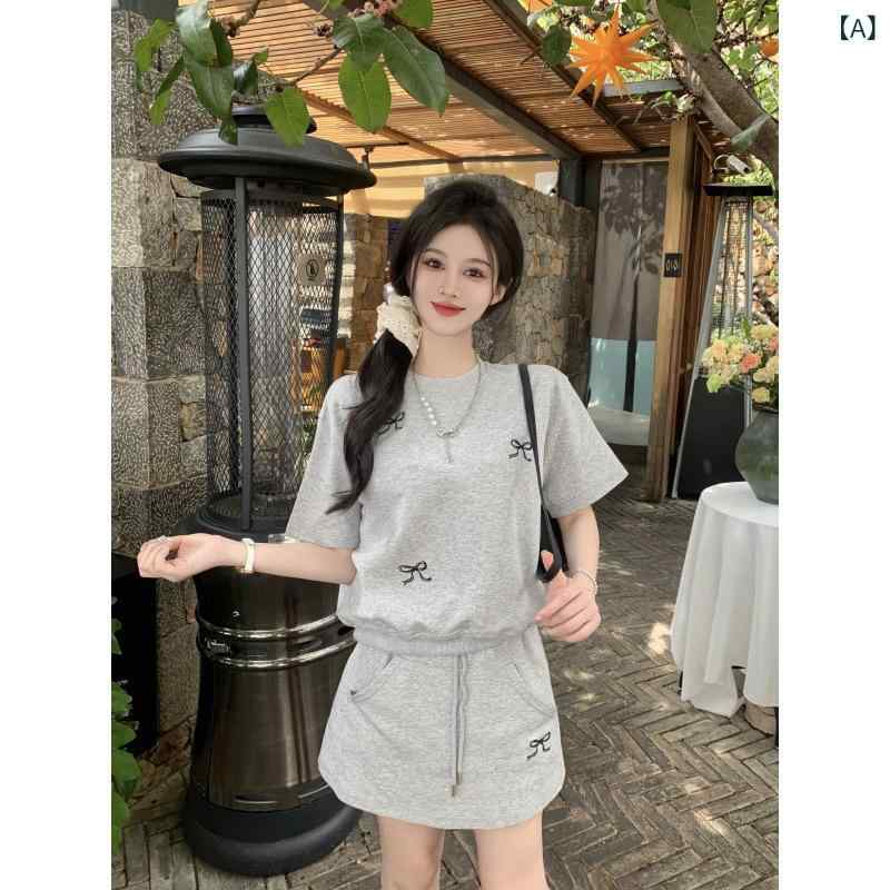 セットアップ レディース 上下セット Tシャツ 半袖 ハイウエスト Aラインスカート 刺繍 蝶結び おしゃれ カジュアル シンプル 通勤 通学 動きやすい 旅行 リゾート 休日コーデ 無地 きれいめ
