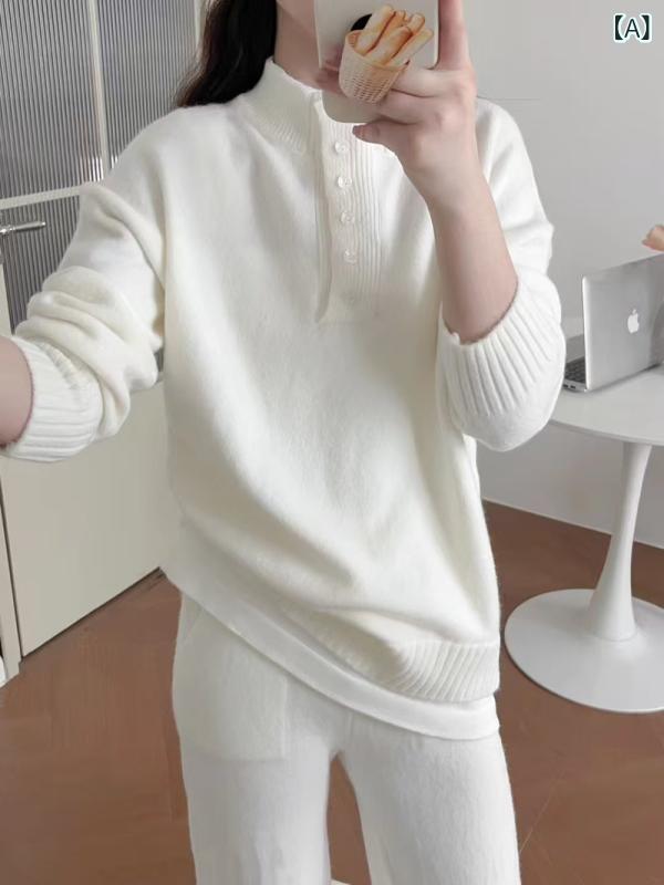 セットアップ レディース ニット セーター ワイドパンツ 長袖 上下セット 2点セット 暖かい 厚手 伸縮性 秋冬 普段着 ゆったり 着回ししやすい 通勤 通学 カジュアル 体型カバー 部屋着 おしゃれ