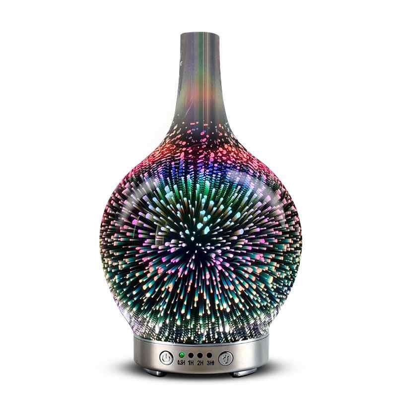 アロマディフューザー ガラス製 音波式 加湿器 卓上 3D花火 七彩LEDライト アロマ対応 癒し リラックス 間接照明 大容量 静音設計 省エネ おしゃれ インテリア雑貨 香り 拡散器 潤い|やすらぎマーケット