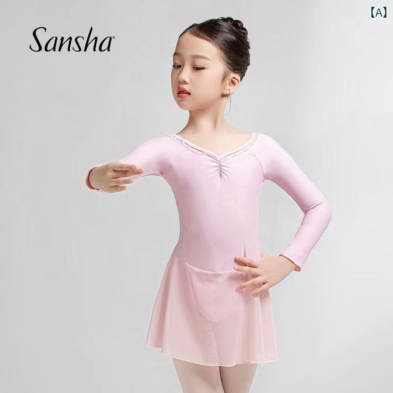 バレエ衣装 キッズ 女の子 長袖 ワンピース シフォン Vネック レース 発表会 練習用 演出服 ジュニア こども バレエ用品 ダンスウェア ストレッチ素材 動きやすい バレエ発表会 衣装 コンクール用