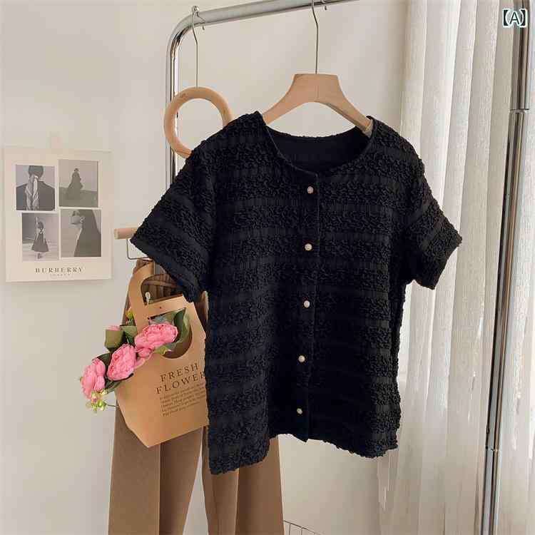 シャツ レディース ブラウス 半袖 パフスリーブ トップス シフォン調 ボタン開閉 夏服 薄手 無地 涼しい 通気性 紫外線対策 オフィス 通勤 カジュアル 着回し シンプル 着脱しやすい