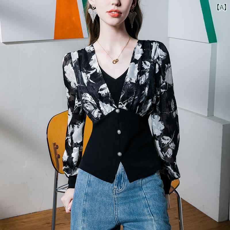 ブラウス レディース 長袖 シフォン 花柄 Vネック トップス パフスリーブ 異素材切り替え カットソー 着痩せ 春服 オフィスカジュアル 通勤 通学 動きやすい 体型カバー