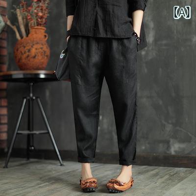 ズボン下 レディース テーパードパンツ 広広としたズボン下 綿混 リネン風 九分丈 ボトムス 酉の方角天然ゴム 無地 分かりやすい 心地よい 自然的 体型押しかぶせる 動き分かりやすい 通気性 普段着 お出かけ