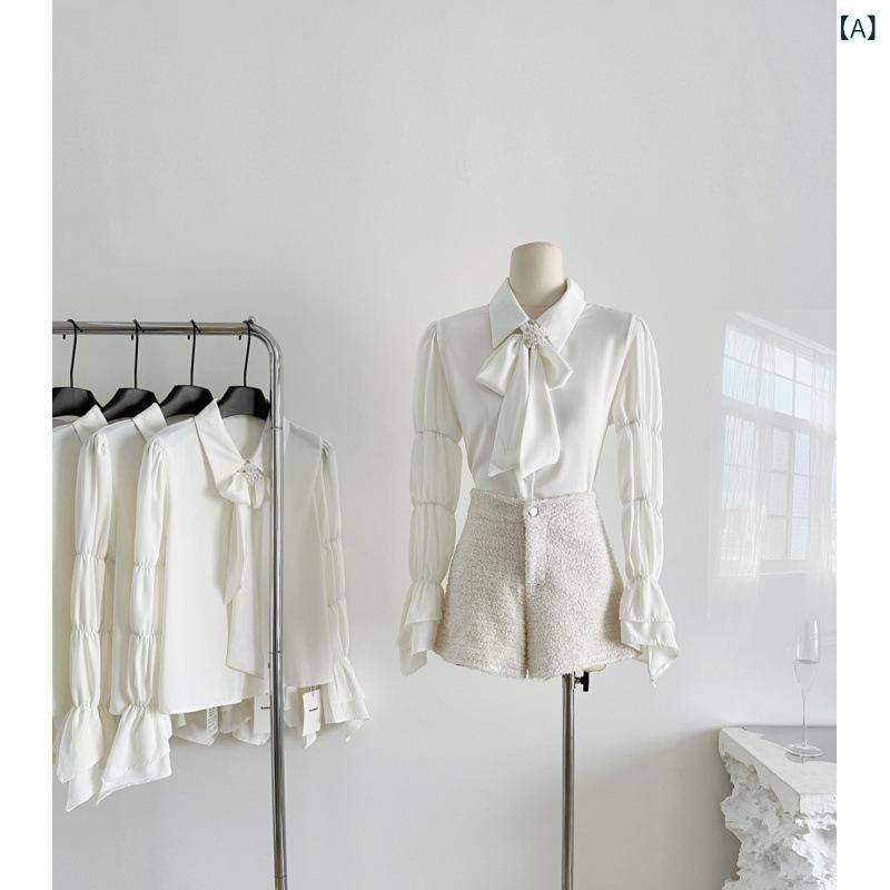トップ レディース 長袖 シフォン シュロの葉 フラウンス 襟付き添い人 音の大きさ袖 トップス 通い 通学 執務室 心地よい 好いたらしいめ影ぼうし 透け感押しとどめる 裏地付き添い人 分かりやすい  成年者愛くるしげ 今めかしい 動き分かりやすい