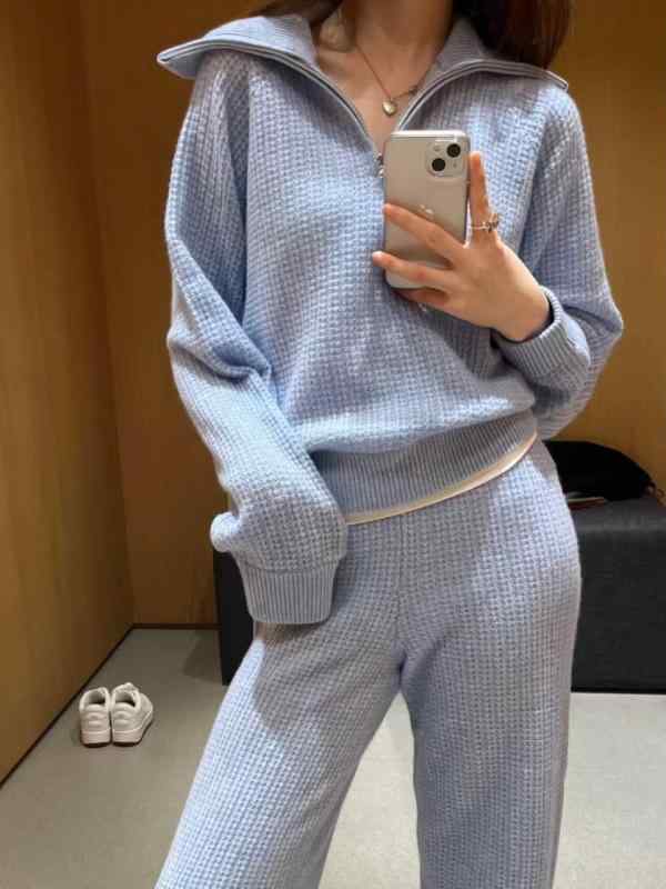 セットアップ レディース ニット ワッフル編み ハーフジップ 翻領 トップス ロングパンツ 2点セット 上下セット 無地 シンプル カジュアル ルームウェア 動きやすい 部屋着 通学 お出かけ