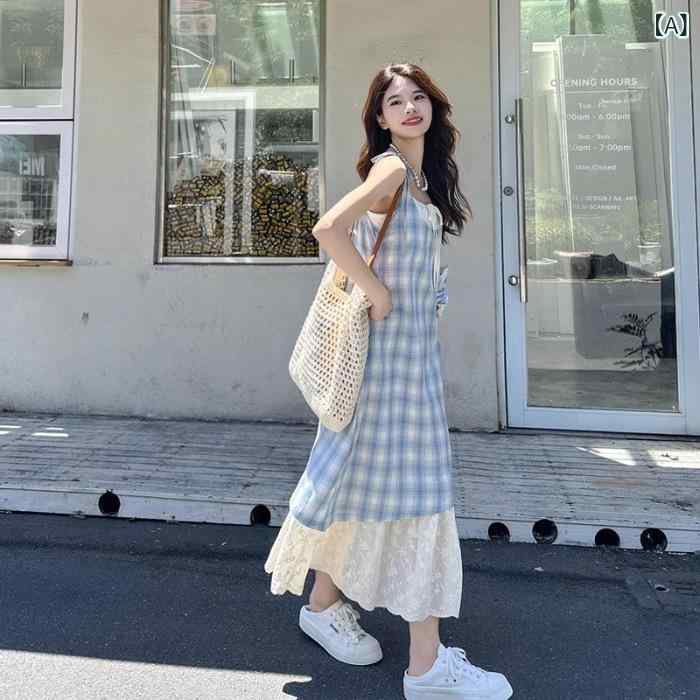 ワンピース レディース キャミワンピ ロング丈 チェック柄 異素材切り替え レース 重ね着風 フェイクレイヤード ノースリーブ バックリボン Aライン 体型カバー マキシ丈 爽やか 通気性