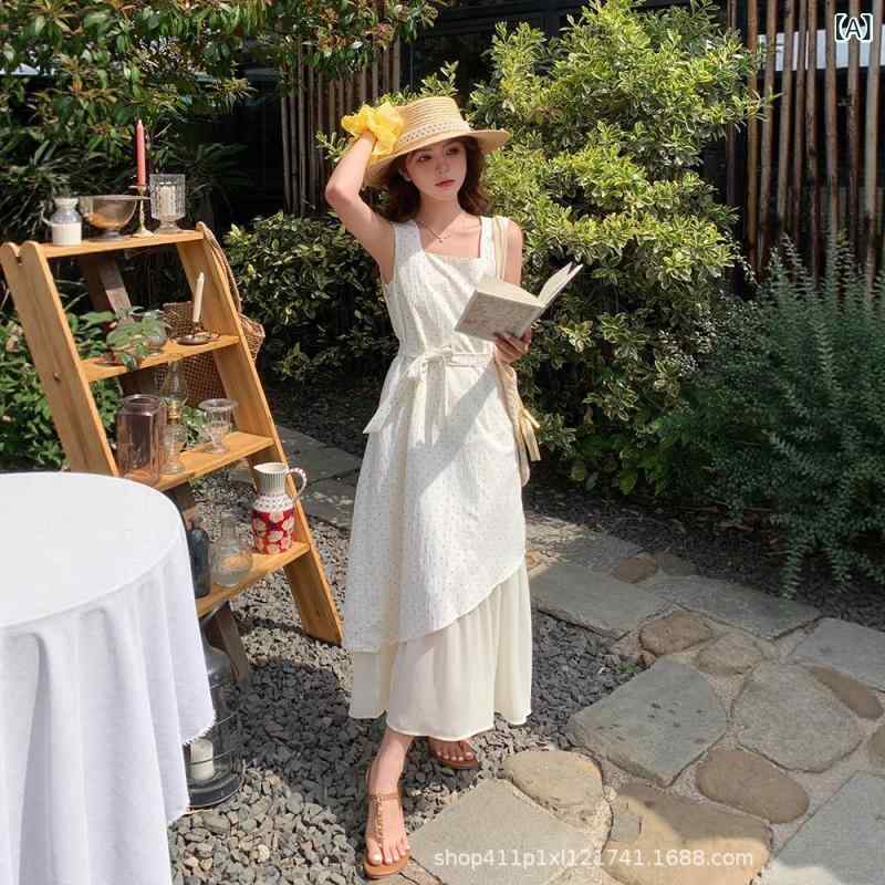 ワンピース レディース ノースリーブ ロング丈 ドット柄 切り替え 異素材ミックス 膝下丈 フレアシルエット 夏物 お出かけ 体型カバー Aライン きれいなシルエット 着回ししやすい