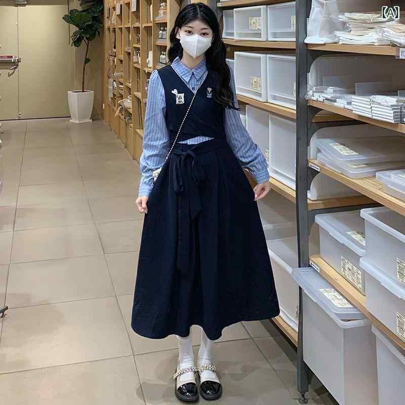 衣装 レディース 長袖 重ね着風 襟付き添い人 ひざ丈 A伝達ルート フェイクレイヤード 清楚系 学習者服 通学 会う約束 お出かけ 成年者愛くるしげ 着脱し分かりやすい ドレス-レディースファッション