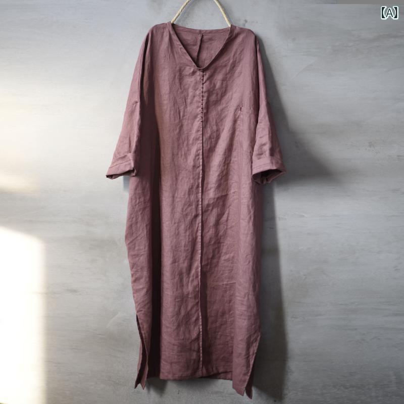 ワンピース レディース リネン混 ロング丈 マキシ丈 ナチュラル風 長袖 刺繍入り ポケット付き ゆったり 体型カバー カジュアル お出かけ 旅行 シンプル 天然素材風 リラックス 動きやすい