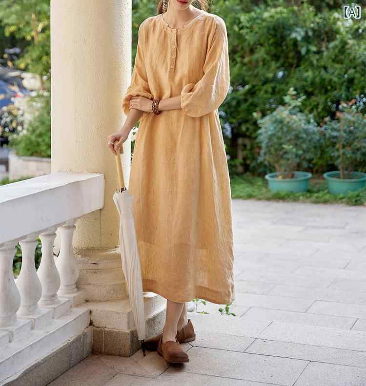 ワンピース レディース リネン混 ロング丈 マキシ丈 ナチュラル ゆったり 体型カバー カジュアル 涼しい 動きやすい 無地 シンプル 通勤 お出かけ 春夏