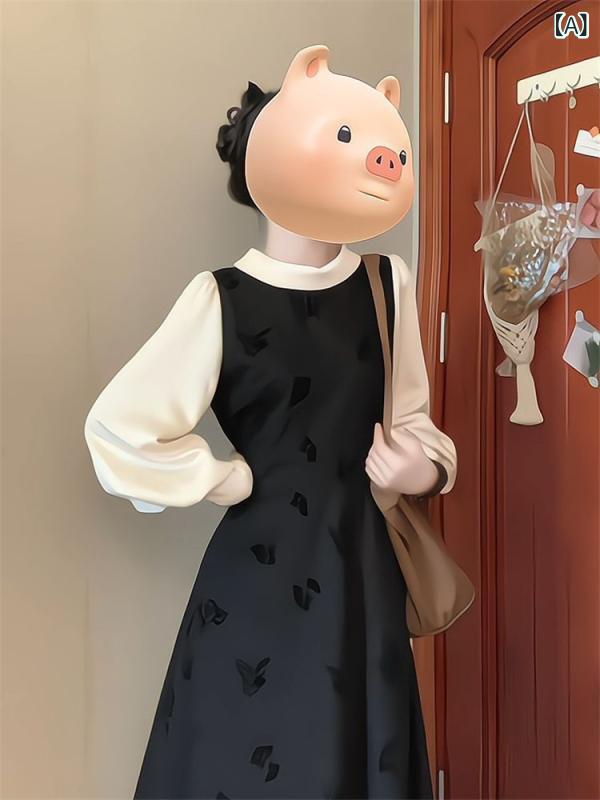 ワンピース レディース 長袖 ロング丈 チュニック 花柄 異素材切り替え Aライン クラシック レトロ 春秋冬 きれいめシルエット 大人 かわいい フェミニン カジュアル 通勤 お出かけ 旅行 デート 体型カバー 着痩せ