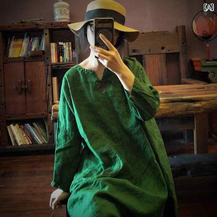 ワンピース レディース リネン混 刺繍入り ロング丈 Aライン ゆったり 体型カバー ノースリーブ 膝下丈 ナチュラル 森ガール系 お出かけ 通気性良い 動きやすい シンプル 春夏