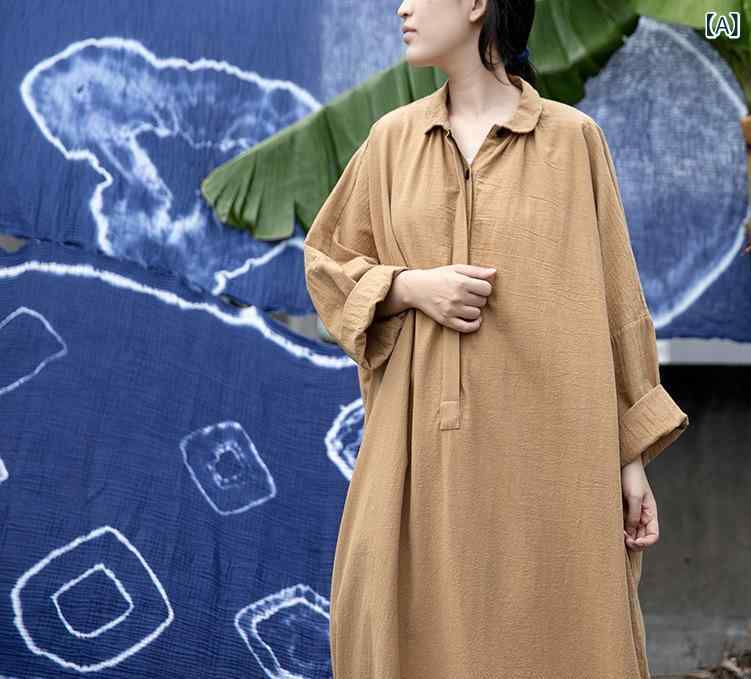 ワンピース レディース 長袖 ロング丈 マキシワンピース 襟付き 前開き ゆったり シルエット 体型カバー Aライン クラシックデザイン カジュアル 春秋 お出かけ 通勤 動きやすい