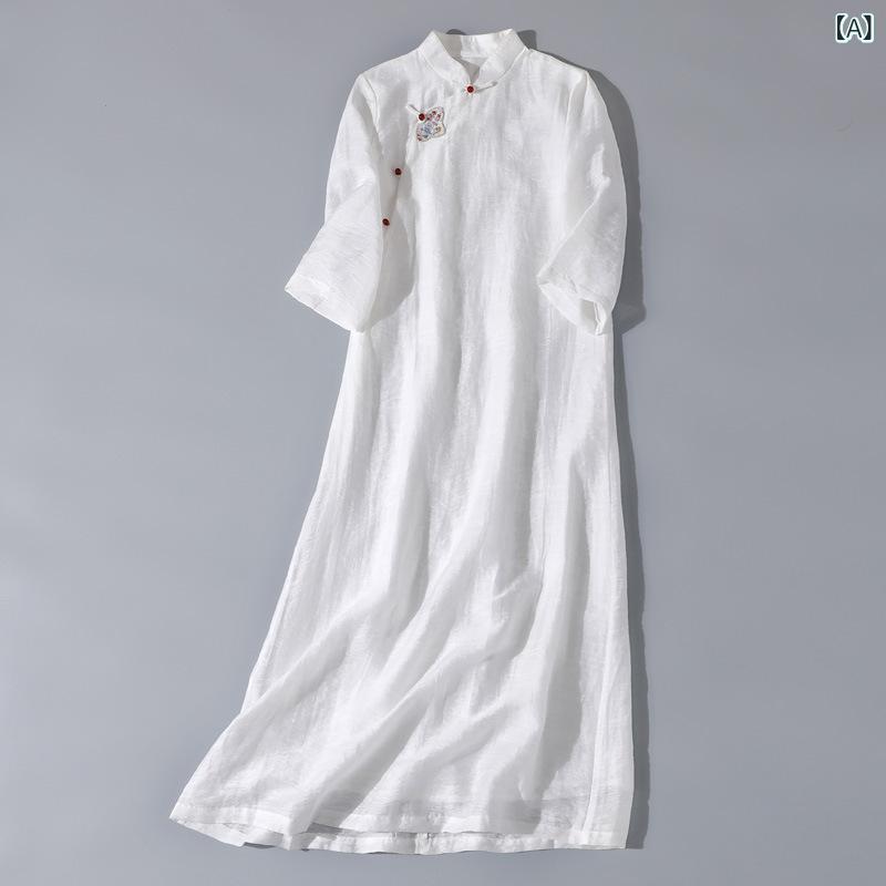 ワンピース レディース 七分袖 ロング丈 刺繍入り チャイナ風 和風 禅服 茶服 麻混 ナチュラル 通気性 動きやすい ゆったり 体型カバー カジュアル お出かけ 旅行 シンプル リネン混 13,748円
