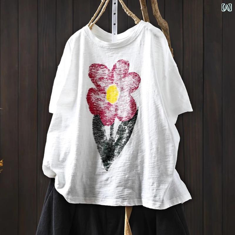 Tシャツ レディース 半袖 コットン素材 竹節風 プリント柄 ゆったりシルエット クルーネック トップス カットソー カジュアル デイリー 夏服 動きやすい