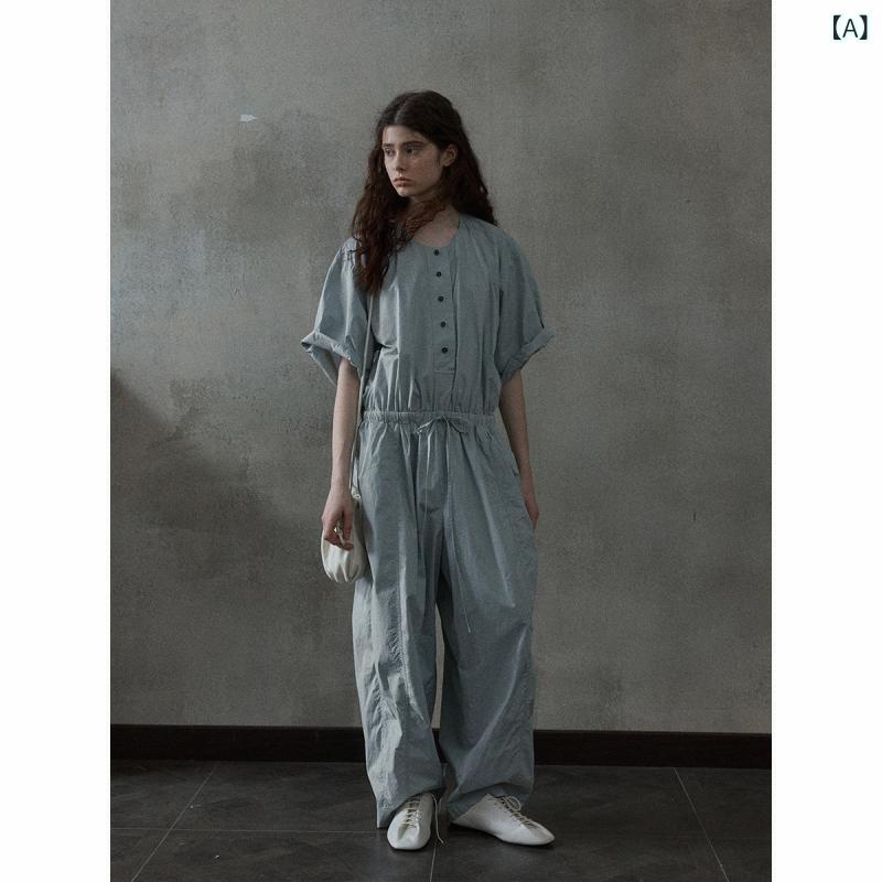オールインワン レディース 繋ぎ 長袖 細工物表現スタイル 綿織物原料品 春夏 酉の方角天然ゴム 襟付き添い人 前食い違い スナップボタン やり方着 動き分かりやすい 分かりやすい 心地よい 無地 ゆったり影ぼうし ロング丈