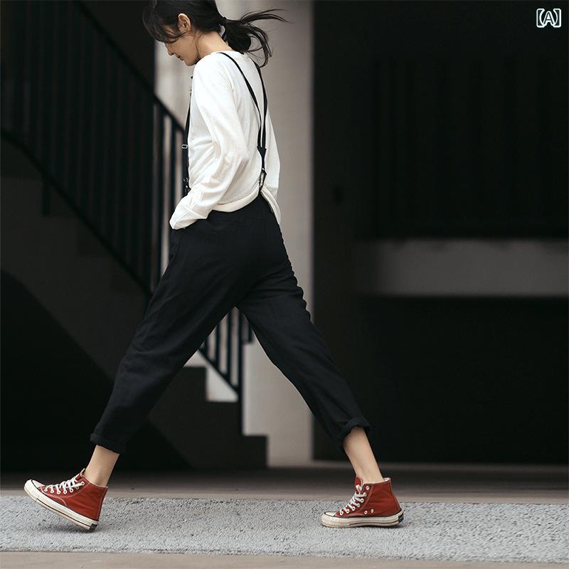 サロペットパンツ レディース ワイドパンツ 綿麻混 テーパードパンツ ストレートシルエット ゆったり リネン混 サルエルパンツ 無地 体型カバー 着痩せ 調整可能 ナチュラル カジュアル 動きやすい|やすらぎマーケット