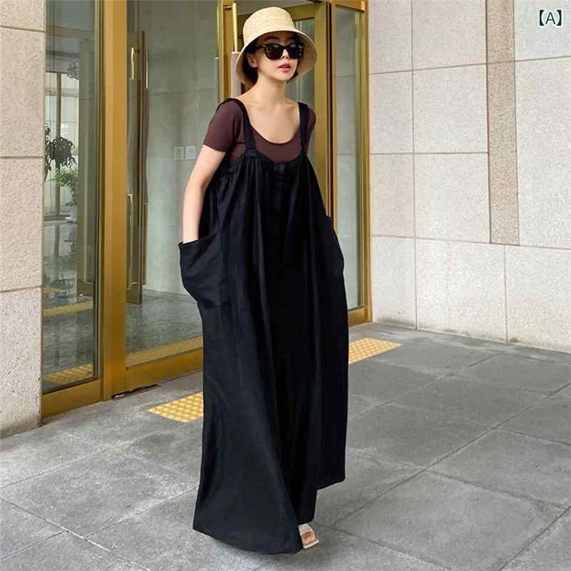 サロペットパンツ レディース オールインワン ワイドパンツ つなぎ コンビネゾン ゆったり 体型カバー カジュアル リネン混素材 ノースリーブ ロング丈 楽ちん 着回し 重ね着 デイリー使い 無地 動きやすい