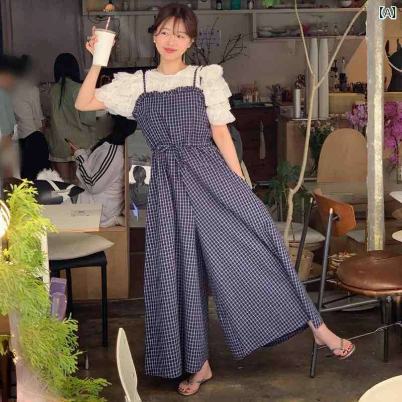 オールインワン レディース サロペット チェック柄 ノースリーブ 襟付き ウエストリボン ワイドパンツ 夏服 ロング丈 体型カバー 着痩せ 動きやすい カジュアル きれいめ おしゃれ お出かけ 普段着